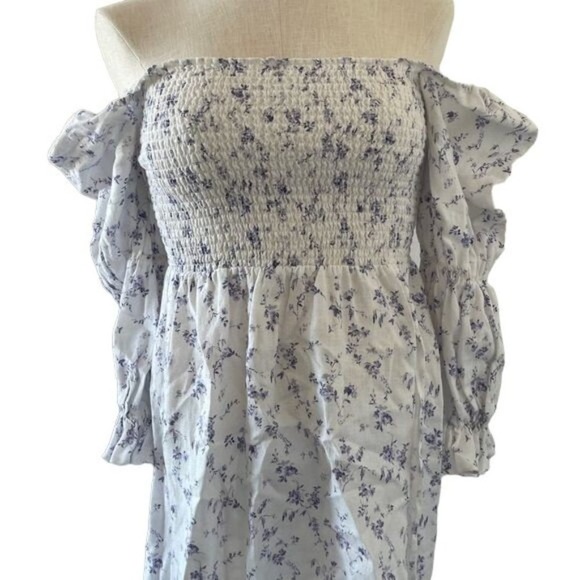 Reformation Midi Dress Smocked Puff Sleeves White Linen Floral Long Slit Medium - Picture 6 of 15